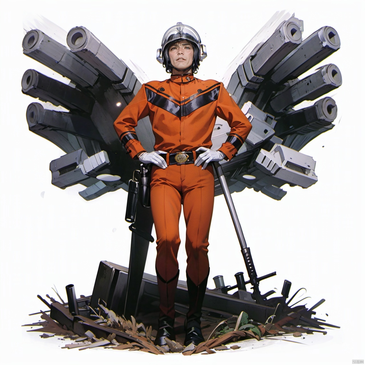  (masterpiece:1.3), (the best quality:1.2), (super fine illustrations:1.2), (Masterpiece), high quality, high detail,((white background:1.2)), looking at viewer, (SOLO:1.4),outline,,simple background, collar, choker,belt,boots,emblem,military uniform,logo,pants,armor,uniform,bodysuit,choker,belt pouch, jacket, collar, helmet, gloves, fingerless gloves, belt, logo,1boy, belt