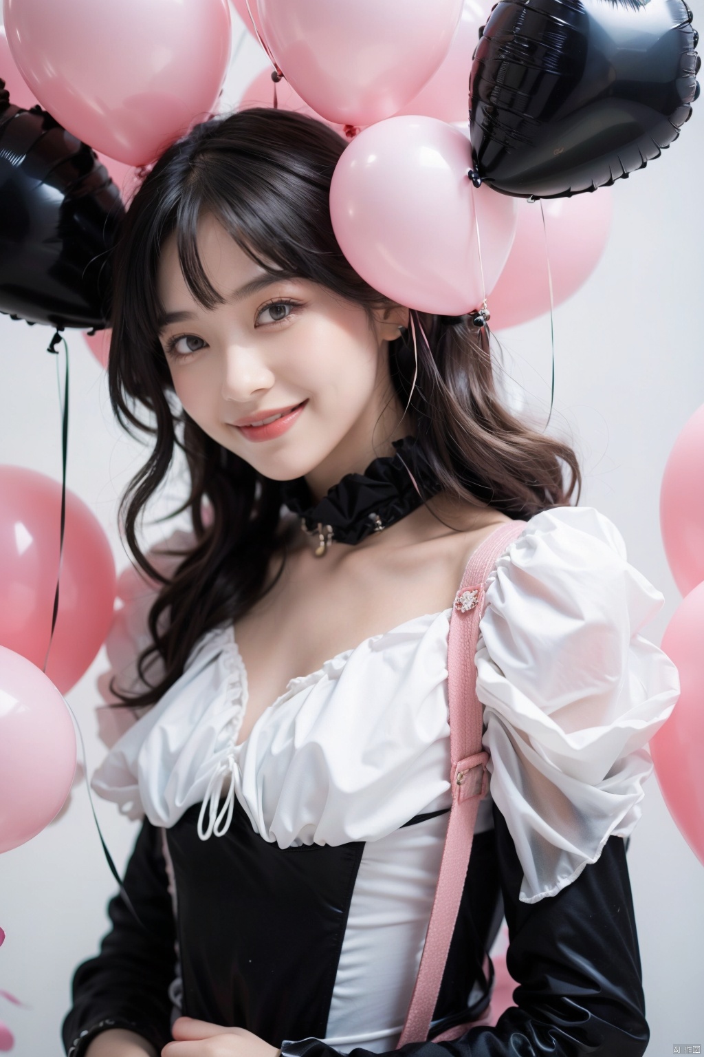 Upper body. (1 girl). Black dress, holding a book. Heart-shaped balloon surrounded by colorful black balloons. Portrait of a smiling girl, happy, joyful, celebrating, innocent, young. Rose background with vibrant colors. High-quality image, full HD, sharp focus, dreamy background, soft colors.