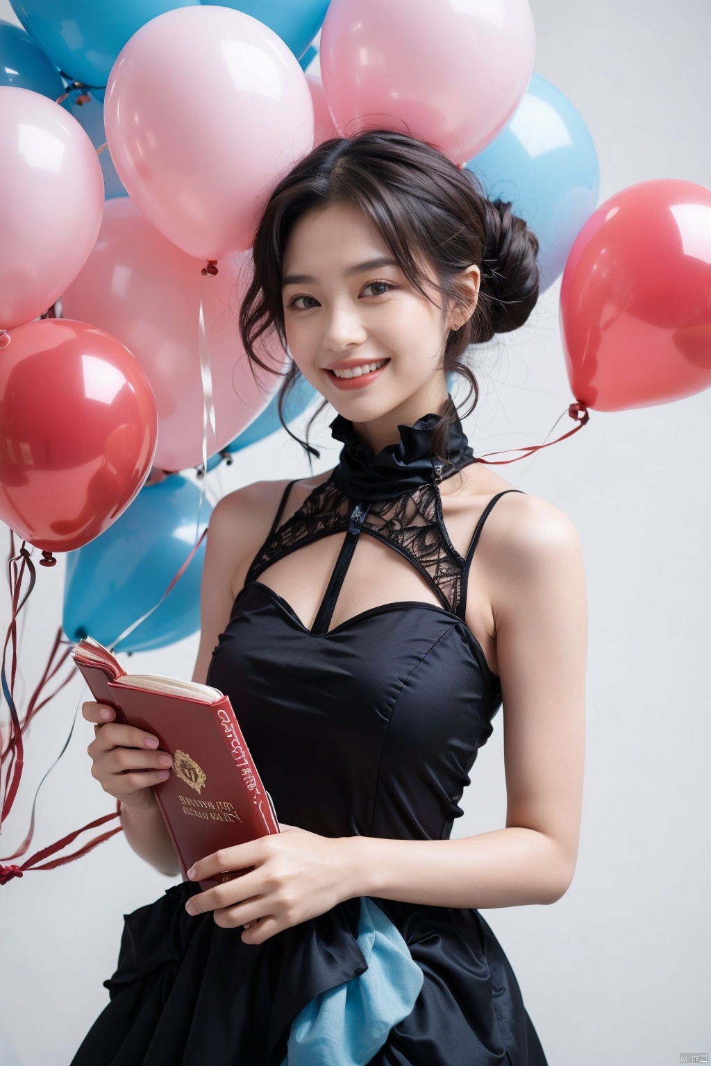 A young girl wearing a black dress, holding a book in her hand. Surrounded by colorful balloons, including a heart-shaped balloon. She is smiling happily, full of joy and celebration. The background is vibrant with roses. This is a high-definition, high-quality portrait with sharp focus and dreamy background. Colorful, lively, full of energy, youthful, innocent, happy, euphoric, celebratory, romantic.