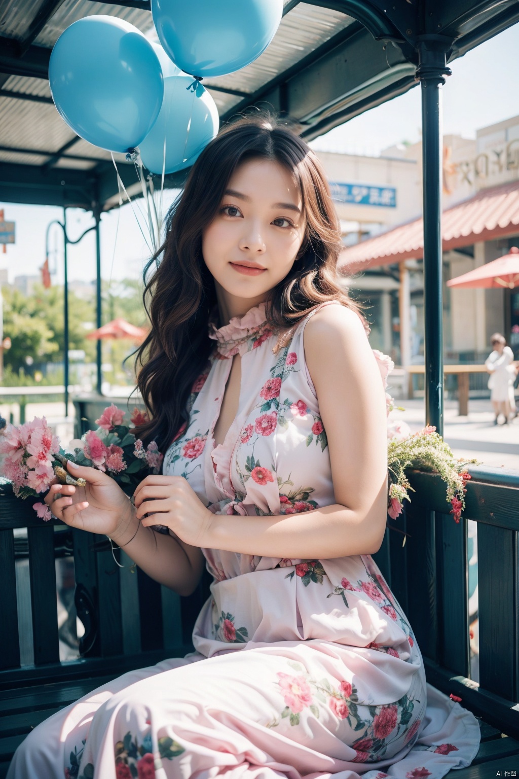 A girl is holding a balloon in an amusement park
sitting,art by Rinko Kawauchi, in the style
ofnaturalistic poses, Bright tone, vacation
dadcore, youthfulenergy, Happy expression
body extensions, flowersin the sky, analog film
dreamy lofiphotography, colourful, covered in
flowers andvines, Inside view, shot on fujifilm
XT4, super detail, qiqiu, 1girl