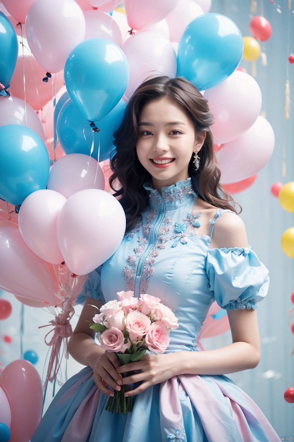  A young girl in a beautiful dress holding a bouquet of balloons, surrounded by colorful balloons, smiling happily, happy, joyful, celebration, innocence, youthfulness, vibrant colors, high quality image, full HD, sharp focus, dreamy background, pastel colors., qiqiu, 1girl