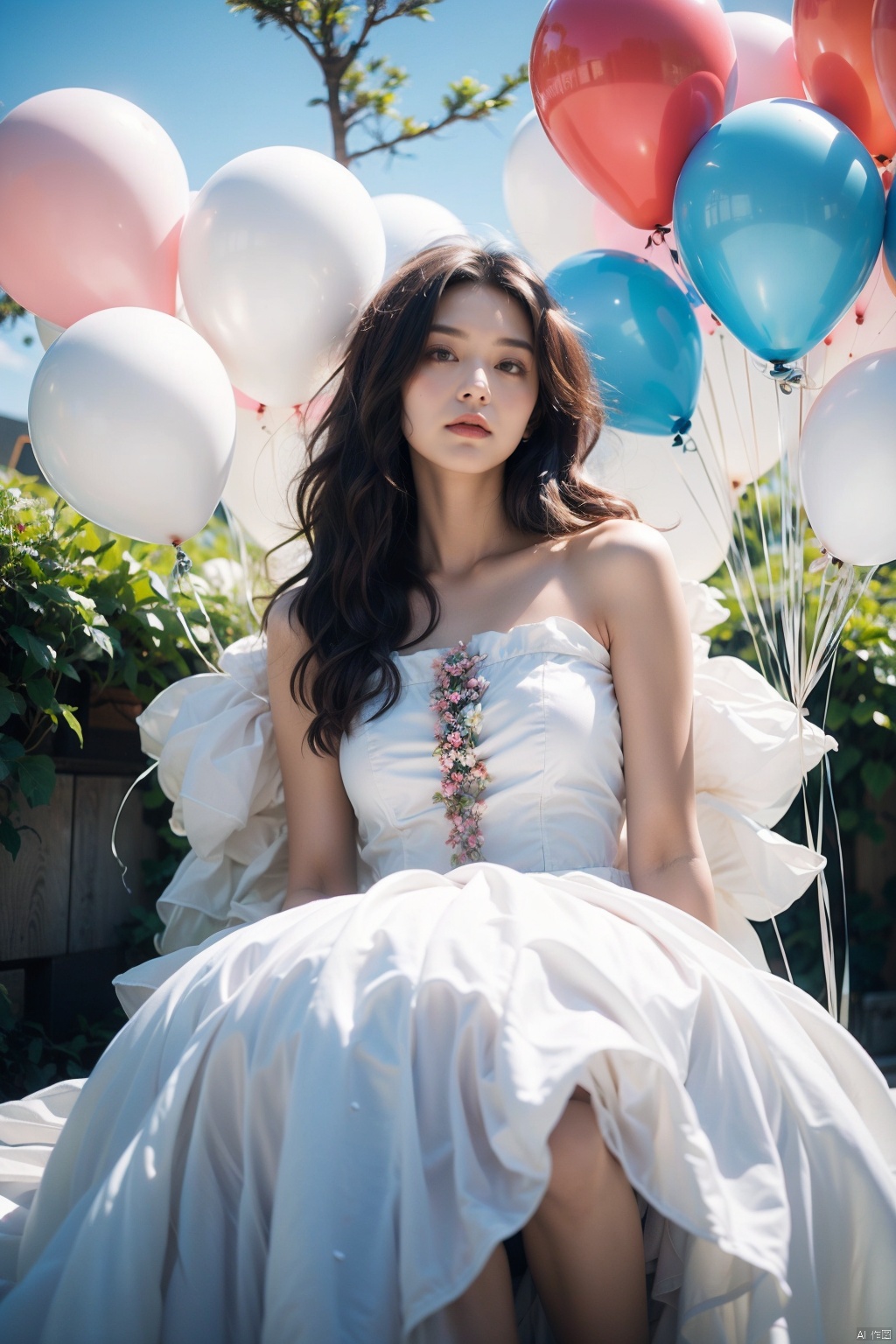 1 girl, with fluffy rainbow colored long hair, messy hair, exquisite facial features, perfect facial features, exquisite skin, wearing a white dress, slender waist, ethereal, retro photography, sitting in balloons and flower bushes, created by Kawaguchi Linzi Art, in a natural posture, holiday style, youthful vitality, calm expression, flowers in the sky, simulation movies, super details, dreamy LOFI photography, colorful, covering balloons, Flowers and vines. From below, shot on film XT4, realistic, 16k, super detailed

