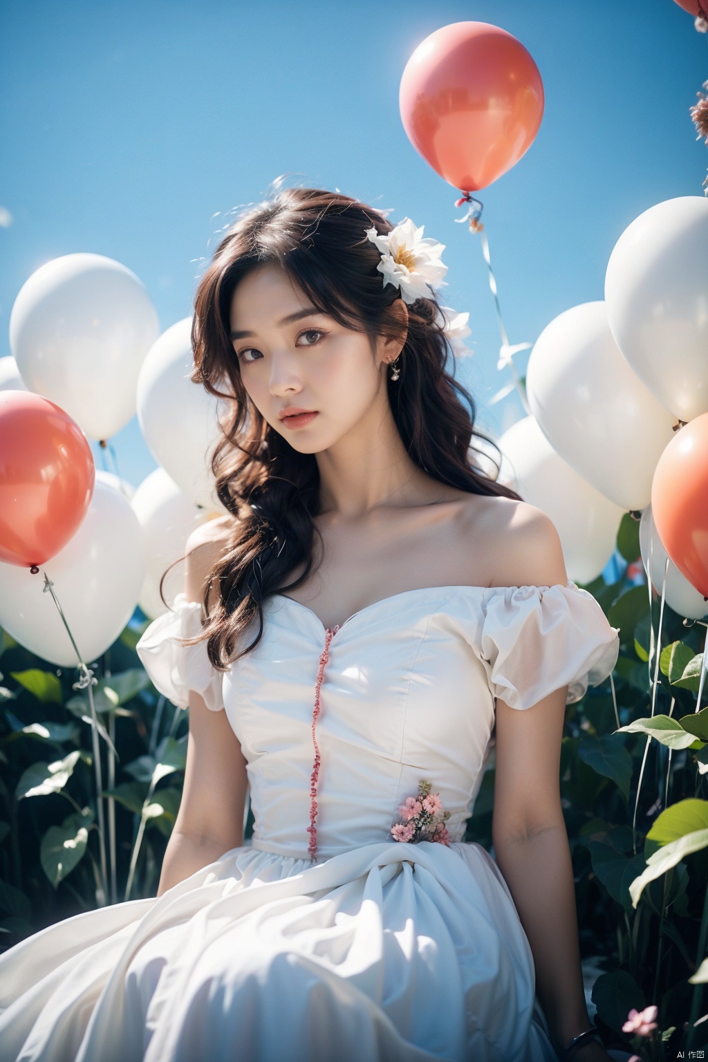 1 girl, with fluffy rainbow colored long hair, messy hair, exquisite facial features, perfect facial features, exquisite skin, wearing a white dress, slender waist, ethereal, retro photography, sitting in balloons and flower bushes, created by Kawaguchi Linzi Art, in a natural posture, holiday style, youthful vitality, calm expression, flowers in the sky, simulation movies, super details, dreamy LOFI photography, colorful, covering balloons, Flowers and vines. From below, shot on film XT4, realistic, 16k, super detailed

