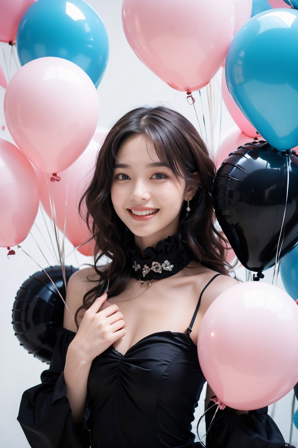 Upper body. (1 girl). Black dress, holding a book. Heart-shaped balloon surrounded by colorful black balloons. Portrait of a smiling girl, happy, joyful, celebrating, innocent, young. Rose background with vibrant colors. High-quality image, full HD, sharp focus, dreamy background, soft colors.