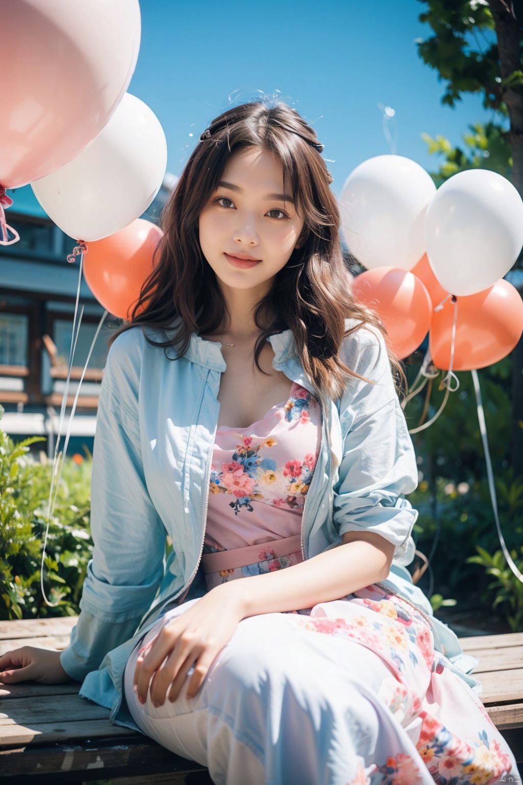 A girl is holding a balloon in an amusement park
sitting,art by Rinko Kawauchi, in the style
ofnaturalistic poses, Bright tone, vacation
dadcore, youthfulenergy, Happy expression
body extensions, flowersin the sky, analog film
dreamy lofiphotography, colourful, covered in
flowers andvines, Inside view, shot on fujifilm
XT4, super detail, qiqiu, 1girl