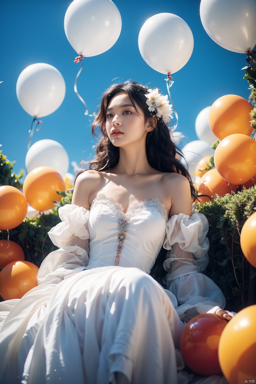 1 girl, with fluffy rainbow colored long hair, messy hair, exquisite facial features, perfect facial features, exquisite skin, wearing a white dress, slender waist, ethereal, retro photography, sitting in balloons and flower bushes, created by Kawaguchi Linzi Art, in a natural posture, holiday style, youthful vitality, calm expression, flowers in the sky, simulation movies, super details, dreamy LOFI photography, colorful, covering balloons, Flowers and vines. From below, shot on film XT4, realistic, 16k, super detailed

