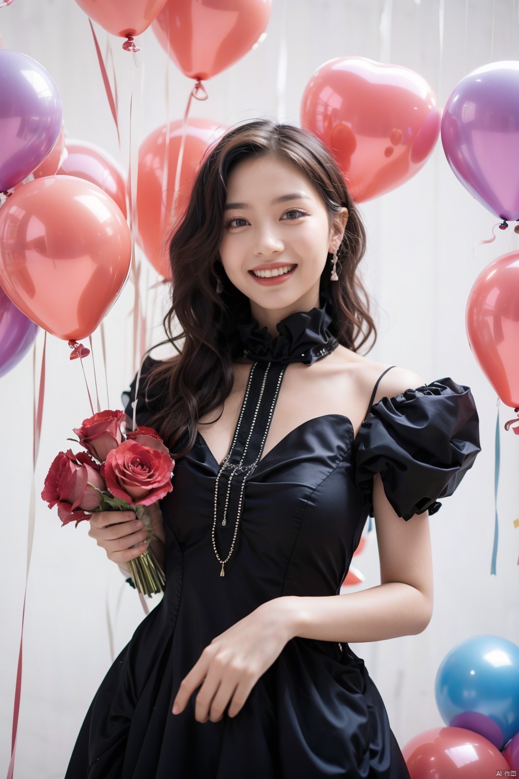 A young girl wearing a black dress, holding a book in her hand. Surrounded by colorful balloons, including a heart-shaped balloon. She is smiling happily, full of joy and celebration. The background is vibrant with roses. This is a high-definition, high-quality portrait with sharp focus and dreamy background. Colorful, lively, full of energy, youthful, innocent, happy, euphoric, celebratory, romantic.