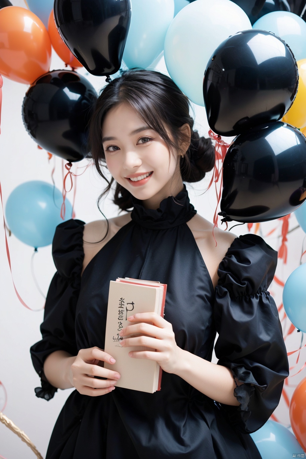 Portrait of the upper body. (1 girl). In a black dress, holding a book, surrounded by five colored black balloons, smiling happily, joyful, celebrating, innocent, young, with a floral background, vibrant colors, high-quality images, full HD, clear focus, dreamy background, and gentle colors.

