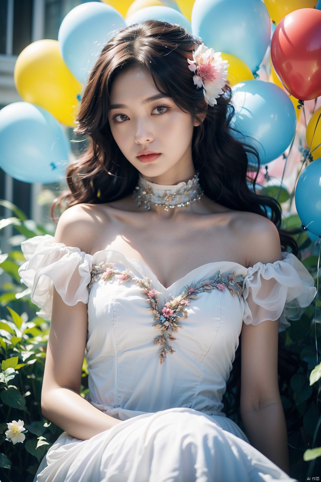 1 girl, with fluffy rainbow colored long hair, messy hair, exquisite facial features, perfect facial features, exquisite skin, wearing a white dress, slender waist, ethereal, retro photography, sitting in balloons and flower bushes, created by Kawaguchi Linzi Art, in a natural posture, holiday style, youthful vitality, calm expression, flowers in the sky, simulation movies, super details, dreamy LOFI photography, colorful, covering balloons, Flowers and vines. From below, shot on film XT4, realistic, 16k, super detailed

