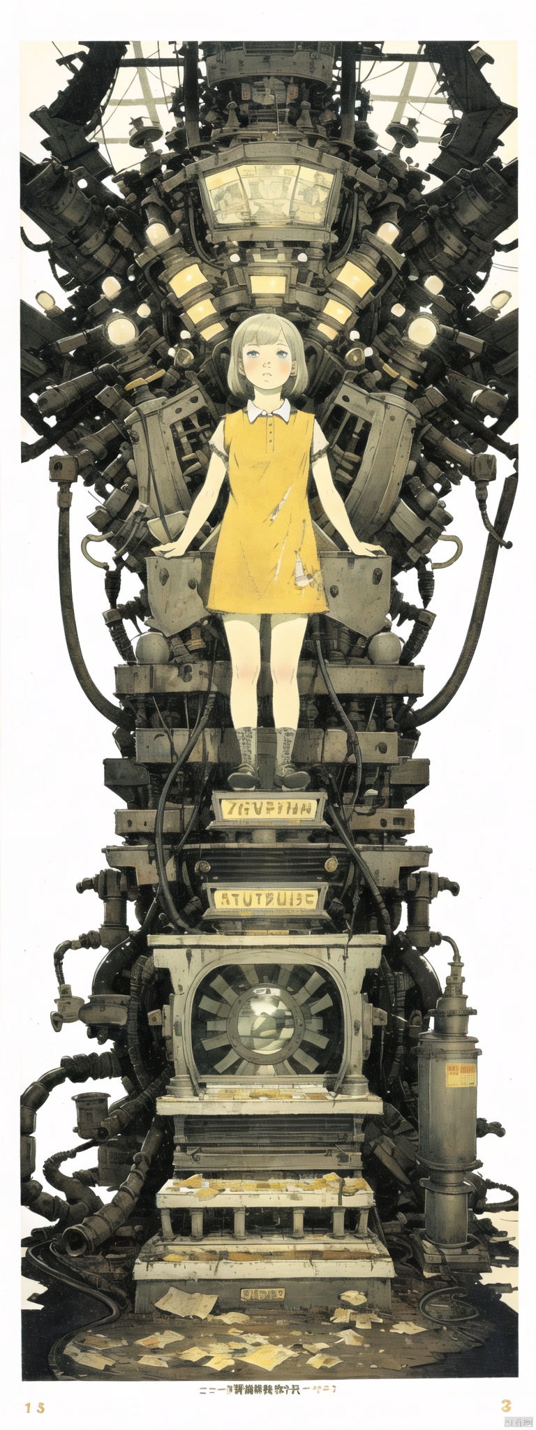  absurdres, highres, ultra detailed, masterpiece, sharp shading,under ground,solo,1girl,kid,flap hair,rouger dress,gaint machine,(obsolete machine:1.3) full body, Tatsuyuki,monocolor, Migunov,