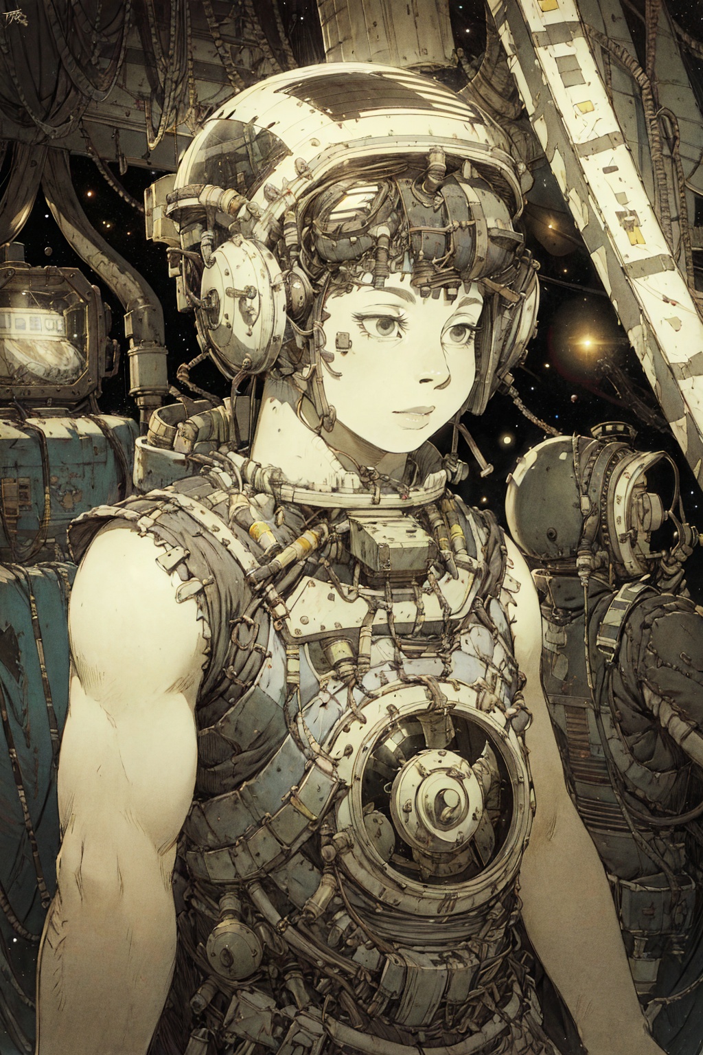 8k,absurdres, highres, ultra detailed, masterpiece, sharp shading,under space,Tatsuyuki1boy,abandon staion,astronaut helmet,monocolor,gaint machine,(obsolete machine:1.3),upper body, (solo:1.2),1girl,masterpiece,<lora:Tatsuyuki Tanaka-000009:0.7>  <lora:Migunov2:1> <lora:GoodHands-vanilla:1>