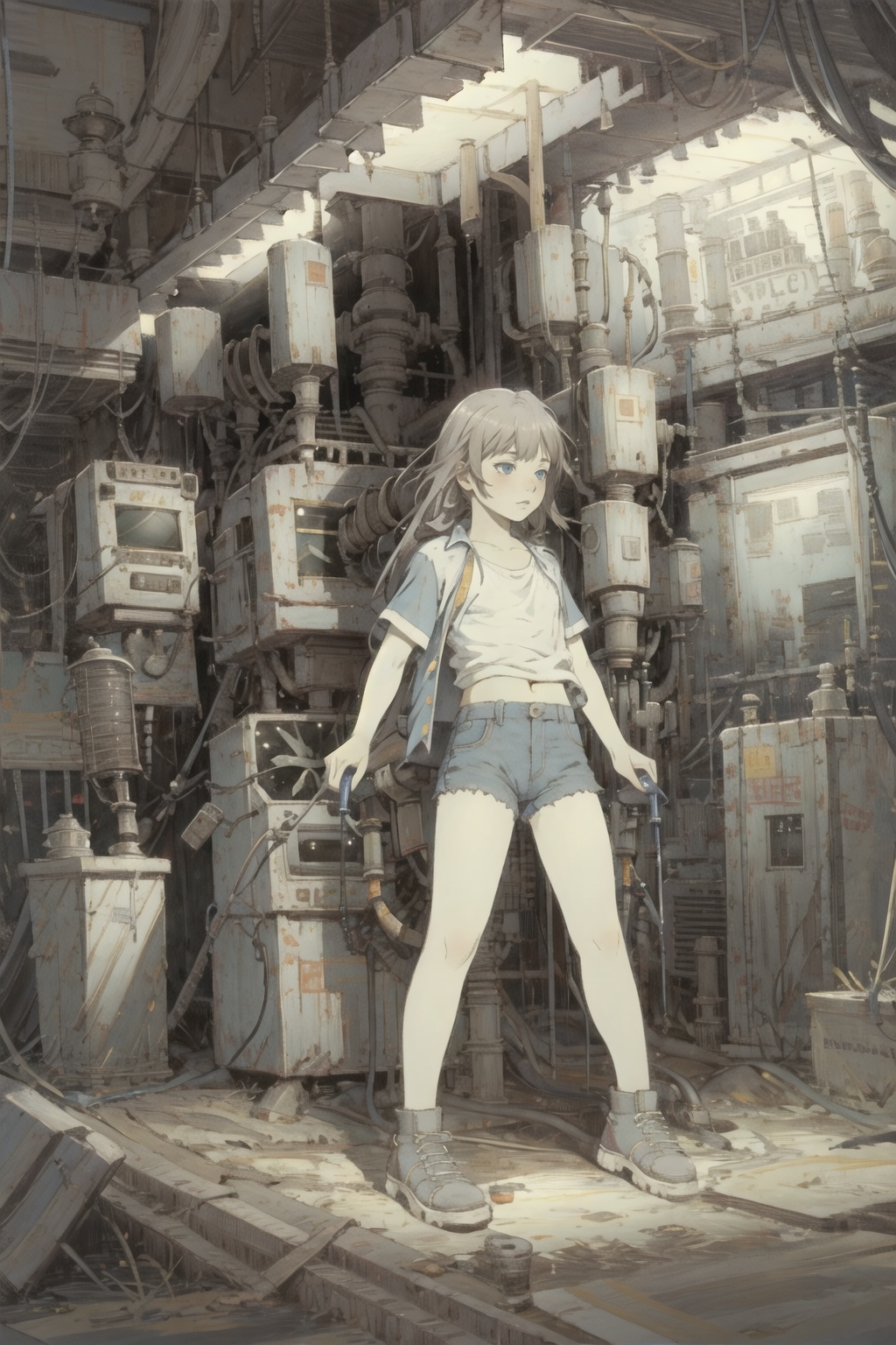 8k,absurdres, highres, ultra detailed, masterpiece, sharp shading,under,Tatsuyuki1girl,kid,abandon staion,monocolor,gaint machine,(obsolete machine:1.3)(solo:1.2),1girl,masterpiece,<lora:Tatsuyuki Tanaka-000009:0.7>  <lora:Migunov2:1> <lora:GoodHands-vanilla:1>