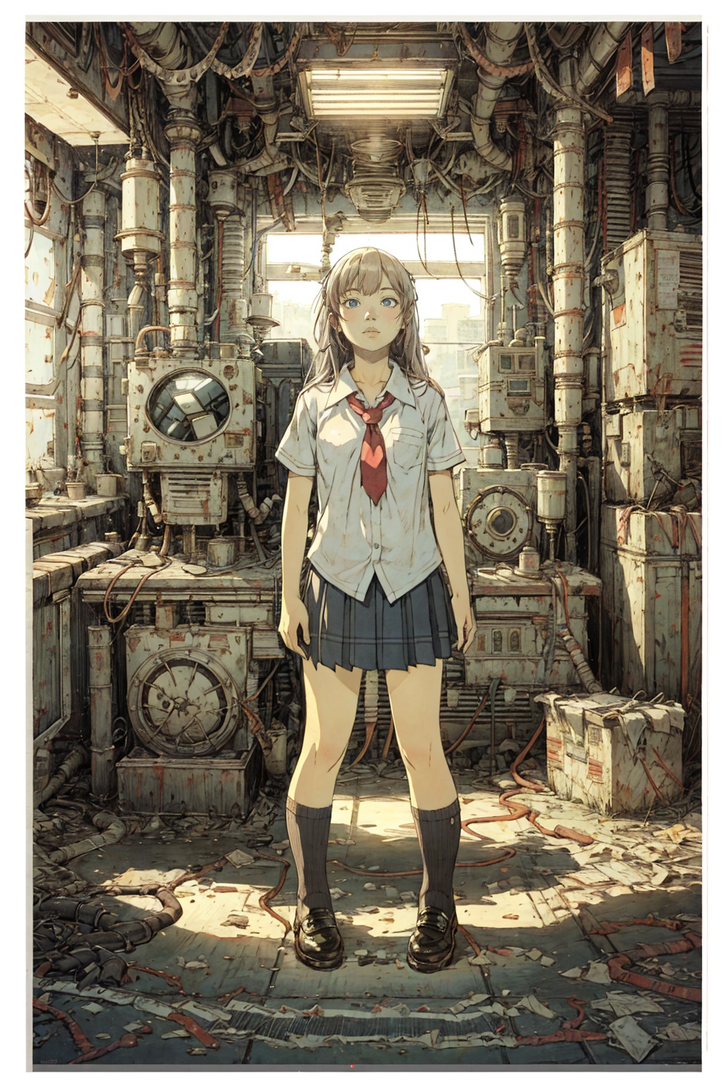 8k,absurdres, highres, ultra detailed, masterpiece, sharp shading,under,Tatsuyuki1girl,kid,abandon staion,school uniform,monocolor,gaint machine,(obsolete machine:1.3),upper body, (solo:1.2),1girl,masterpiece,<lora:Tatsuyuki Tanaka-000009:0.7>  <lora:Migunov2:1> <lora:GoodHands-vanilla:1>