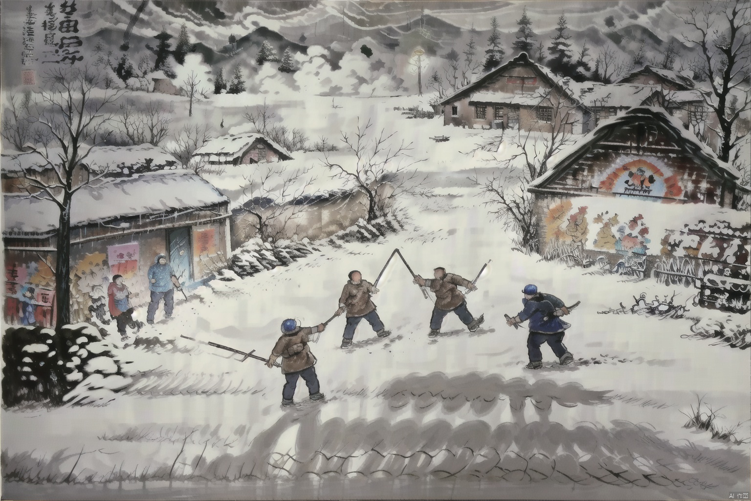 (painting:1.3), (best quality, masterpiece, ultra high resolution),depth of field, (outdoors:1.2), (day:1.2), (cinematic lighting:1.2), new year, many children are playing