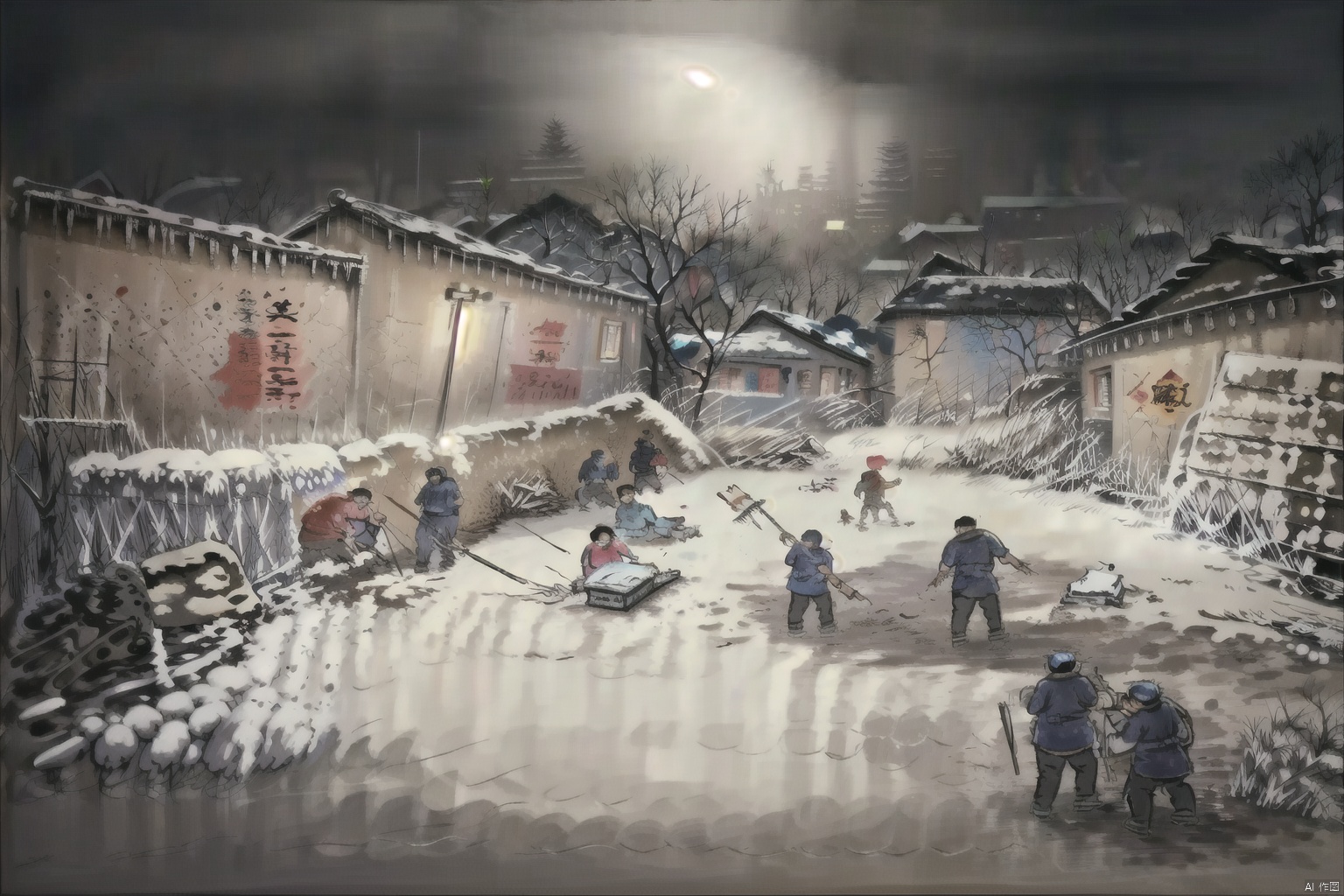 (painting:1.3), (best quality, masterpiece, ultra high resolution),depth of field, (outdoors:1.2), (day:1.2), (cinematic lighting:1.2), new year, many children are playing