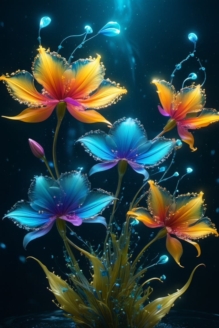 Magical Fantastic Bioluminescent Flowers,  Liquid Structure,  Flying Petals on Tensor.Art