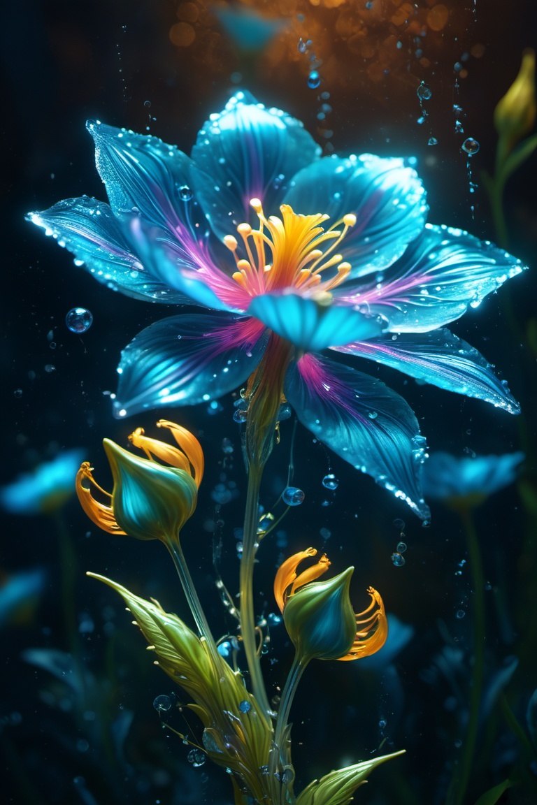 Magical Fantastic Bioluminescent Flowers,  Liquid Structure,  Flying Petals on Tensor.Art