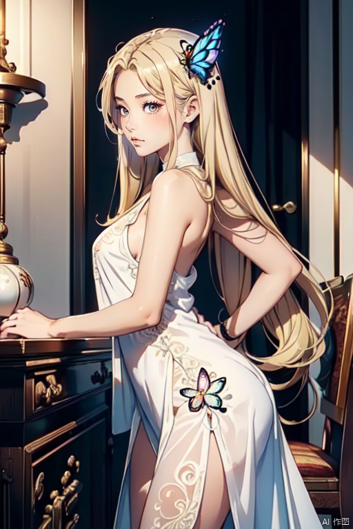 (((masterpiece))), ((best quality)), ((intricate detailed)),(\shen ming shao nv\), glowing butterfly, 1girl,from left side, long hair, blonde hair, whitedress