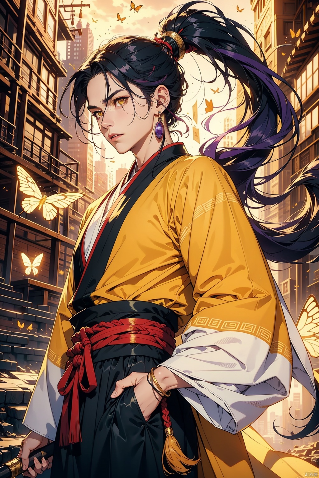 (dramatic, gritty, intense:1.4),masterpiece,best quality,8k,insane details,intricate details,hyperdetailed,hyper quality,high detail,ultra detailed,Masterpiece,
1 boy,Male focus,long hair,solo,Hanfu,Simple background,Chinese costume,Hair decoration,Long sleeve,yellow eyes,black hair,fringe,holding,looking at the audience,ponytail,bug,jewelry,Very long hair,smile,wide sleeve,earrings,Standing,high ponytail,butterfly,hair stick,cowboy lens,Bhikkhun,weapons,purple hair, 1gril