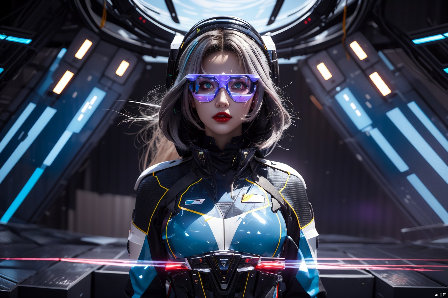 Masterpiece, High Quality, 8K,A female pilot, her hair will be a bright metallic silver color, which can present dynamic luster through flowing light effects. Purple or blue smoky eye makeup highlights the courage and confidence of female pilots, with bright red or lipstick applied to the limps with a metallic texture, futuristic, and a close fitting exhaust duct tight fitting suit. The clothes have tightly arranged LED light strips, creating dynamic patterns and luminous effects. The upper body can have a neck protection device with a built-in screen, displaying navigation streamlined data and warning signals with built-in biological detection and communication functions, wearing night vision glasses, and a futuristic aircraft **** of high-tech materials. The unique shape and luminous effect, with a protective cover and weapon system, exudes confidence and mystery on the face, expressing her love for adventure. The pursuit of challenges and challenges
