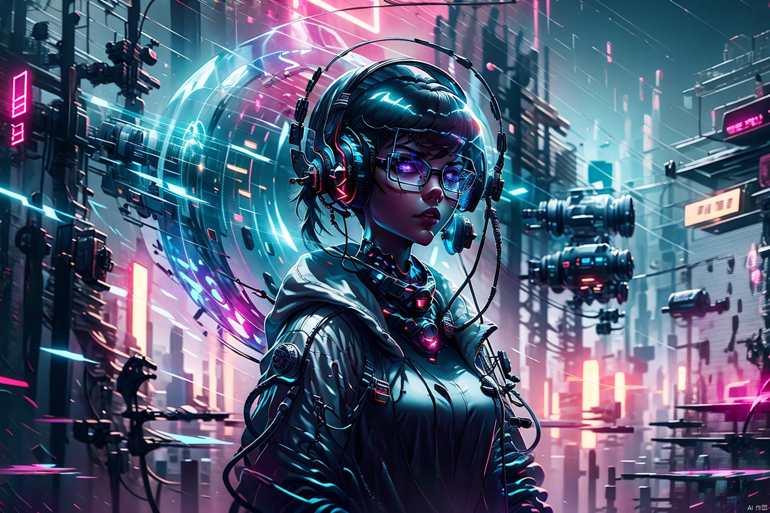 1girl  artist name  black-framed eyewear  blurry  blurry background  blurry foreground  breasts  cyberpunk  cyborg  depth of field  electricity  energy  english text  glasses  glowing  headphones  headset  hologram  holographic interface  hood  jacket  leather  lips  looking at viewer  neon lights  semi-rimless eyewear  short hair  solo  under-rim eyewear  upper body 