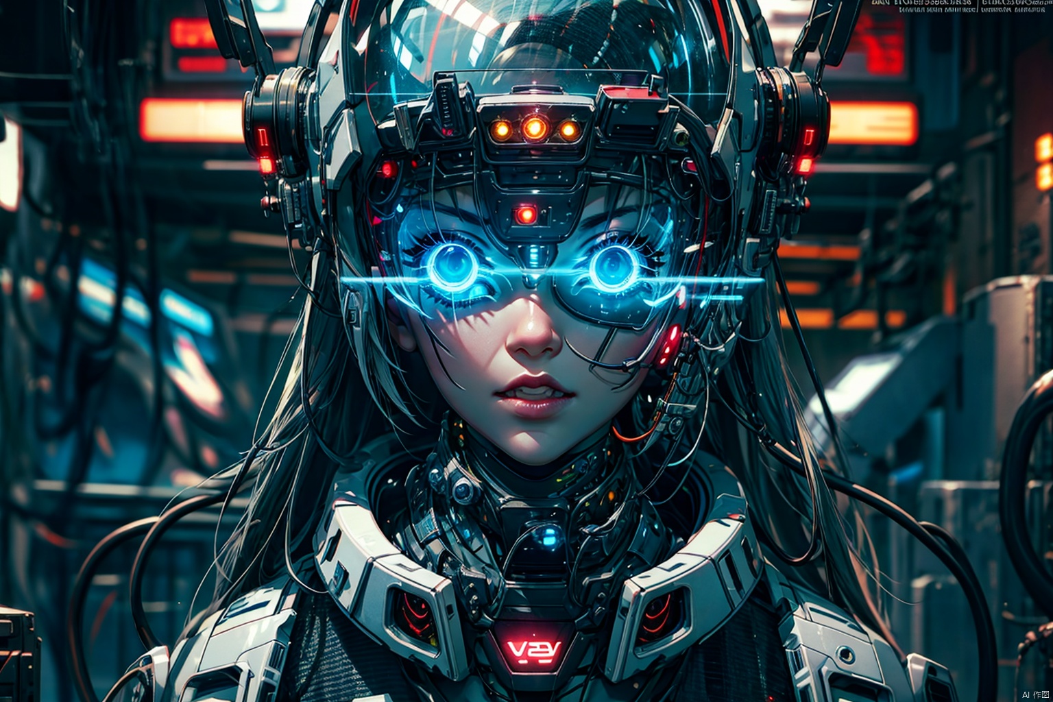 VR 1girl 3d artist name blue eyes blurry blurry background blurry foreground cyberpunk cyborg depth of field face glowing glowing eyes hologram lips long hair looking at viewer motion blur portrait realistic reflection science fiction solo teeth,<lora:EMS-257717-EMS:0.600000>