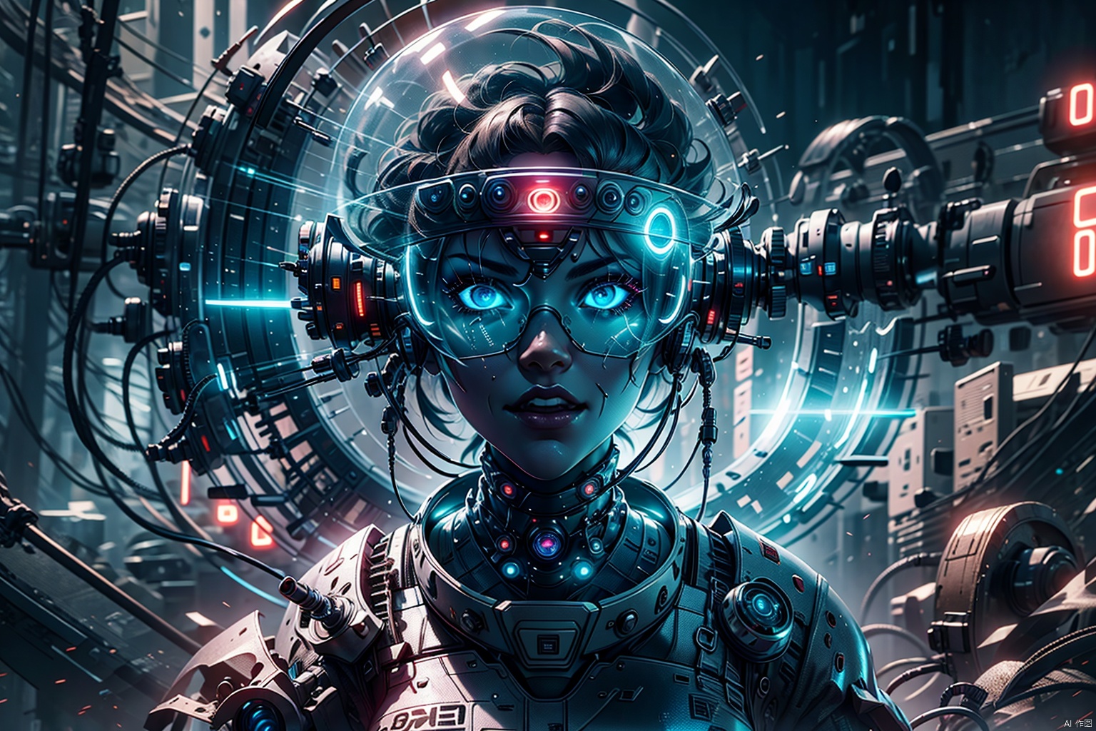  VR  1girl  3d  artist name  blue eyes  blurry  blurry background  blurry foreground  cyberpunk  cyborg  depth of field  face  glowing  glowing eyes  hologram  lips  long hair  looking at viewer  motion blur  portrait  realistic  reflection  science fiction  solo  teeth 