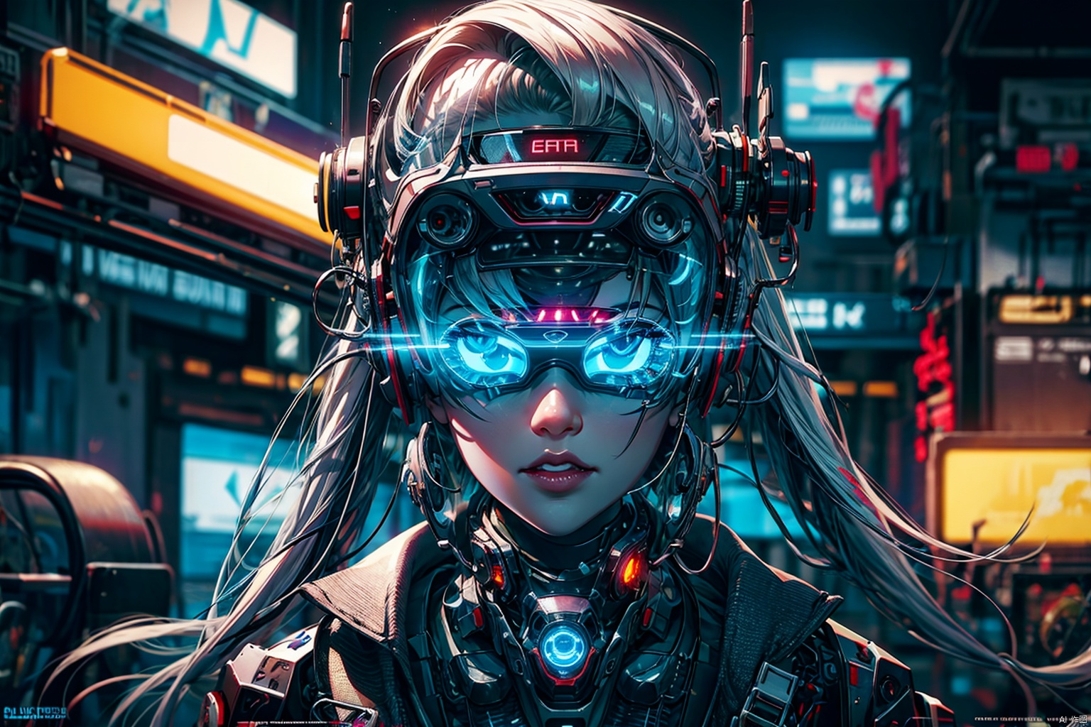 VR 1girl 3d artist name blue eyes blurry blurry background blurry foreground cyberpunk cyborg depth of field face glowing glowing eyes hologram lips long hair looking at viewer motion blur portrait realistic reflection science fiction solo teeth,<lora:EMS-257717-EMS:0.600000>