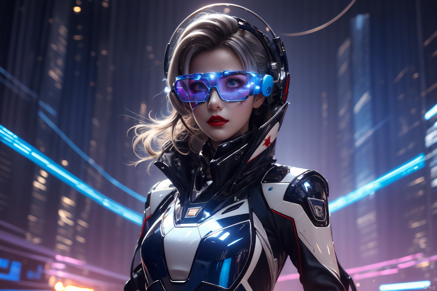  Masterpiece, High Quality, 8K,A female pilot, her hair will be a bright metallic silver color, which can present dynamic luster through flowing light effects. Purple or blue smoky eye makeup highlights the courage and confidence of female pilots, with bright red or lipstick applied to the limps with a metallic texture, futuristic, and a close fitting exhaust duct tight fitting suit. The clothes have tightly arranged LED light strips, creating dynamic patterns and luminous effects. The upper body can have a neck protection device with a built-in screen, displaying navigation streamlined data and warning signals with built-in biological detection and communication functions, wearing night vision glasses, and a futuristic aircraft **** of high-tech materials. The unique shape and luminous effect, with a protective cover and weapon system, exudes confidence and mystery on the face, expressing her love for adventure. The pursuit of challenges and challenges
