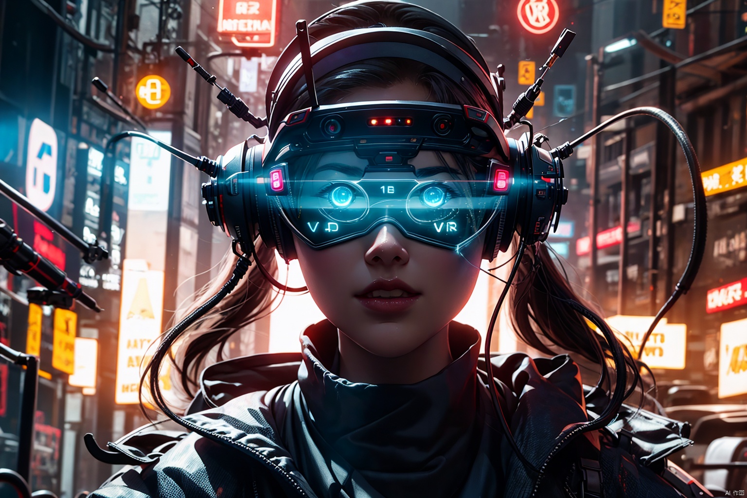VR 1girl 3d artist name blue eyes blurry blurry background blurry foreground cyberpunk cyborg depth of field face glowing glowing eyes hologram lips long hair looking at viewer motion blur portrait realistic reflection science fiction solo teeth,<lora:EMS-257717-EMS:0.600000>