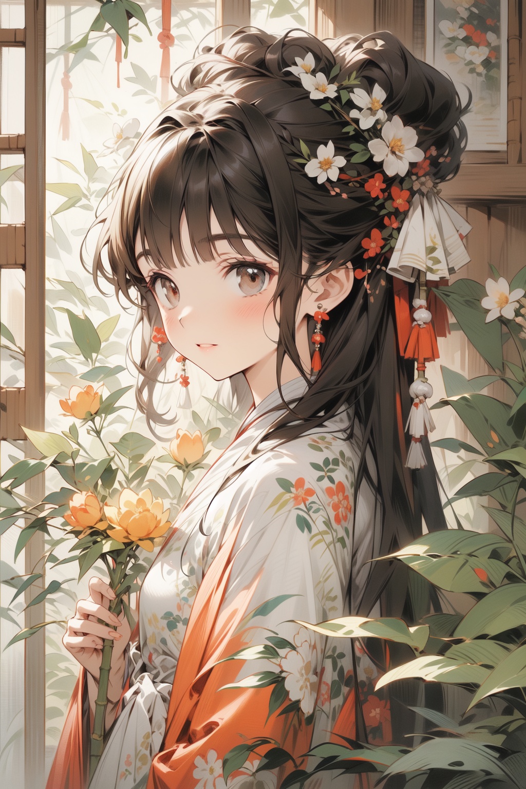 a woman with a flower in her hair holding a bamboo stick and a flower in her hair,standing in front of a bush, GBH