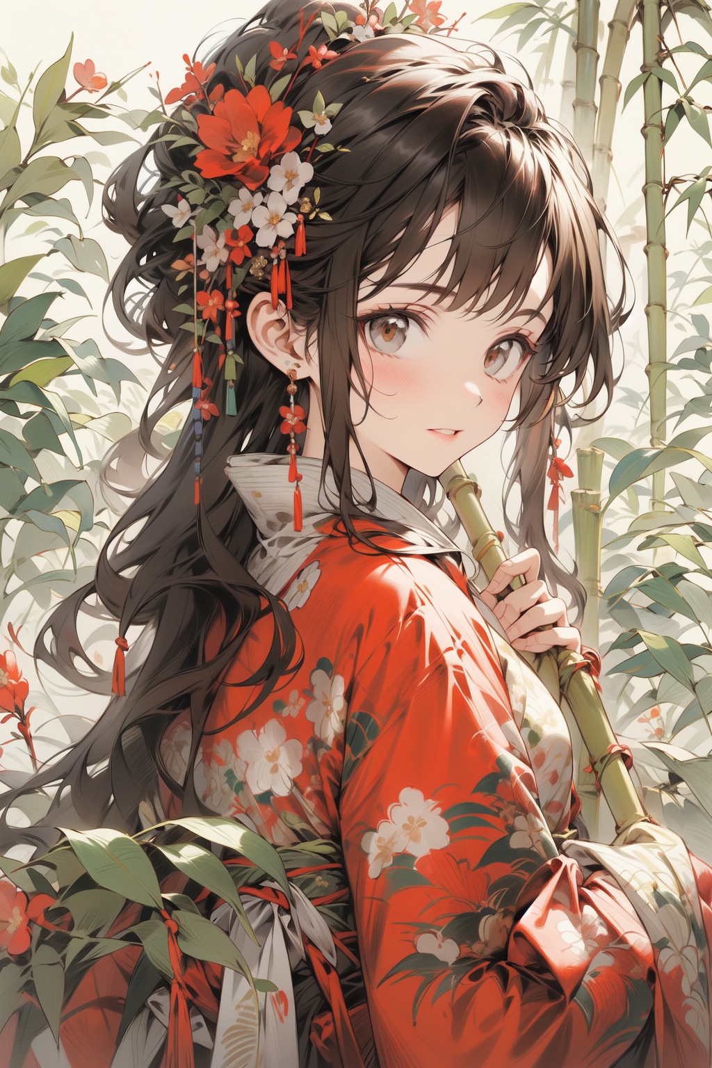a woman with a flower in her hair holding a bamboo stick and a flower in her hair,standing in front of a bush, GBH