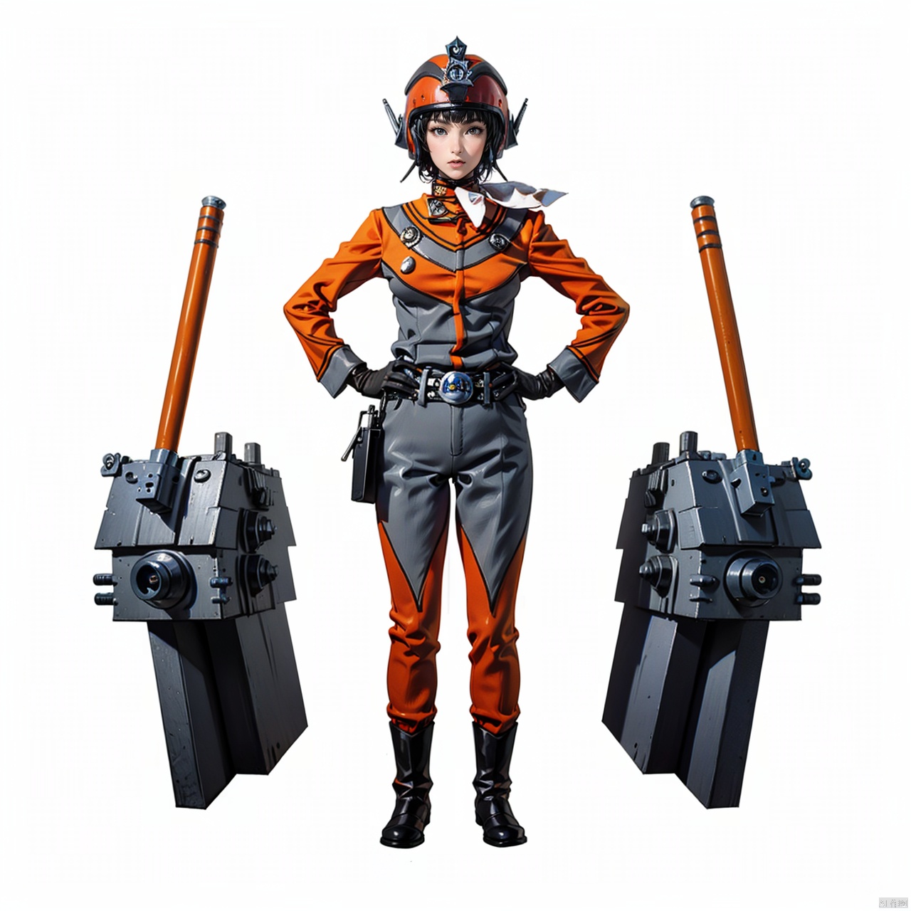 (masterpiece:1.3),(the best quality:1.2),(super fine illustrations:1.2),(Masterpiece),high quality,high detail,(white background:1.2),looking at viewer,(SOLO:1.4),outline,simple background,fullbody,, belt,boots,emblem,military uniform,logo,pants,armor,uniform,bodysuit,choker,belt pouch, jacket, collar, helmet, gloves, fingerless gloves, belt, logo