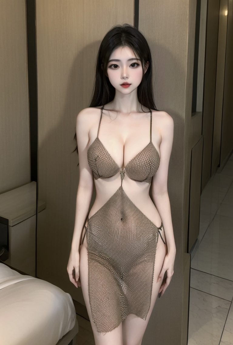 (masterpiece, best quality:1.4),finely detailed,1girl,solo,pale skin,perfect body,(standing),(medium breasts:1.2),(upper_body:1.2),brown dress,dress,<lora:killer性感棕色透视镂空套装v1.0-000008:0.8>,