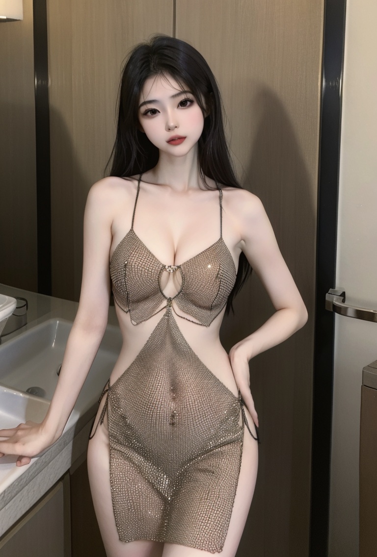 (masterpiece, best quality:1.4),finely detailed,1girl,solo,pale skin,perfect body,(standing),small_breasts,(upper_body:1.2),brown dress,dress,<lora:killer性感棕色透视镂空套装v1.0-000008:0.8>,