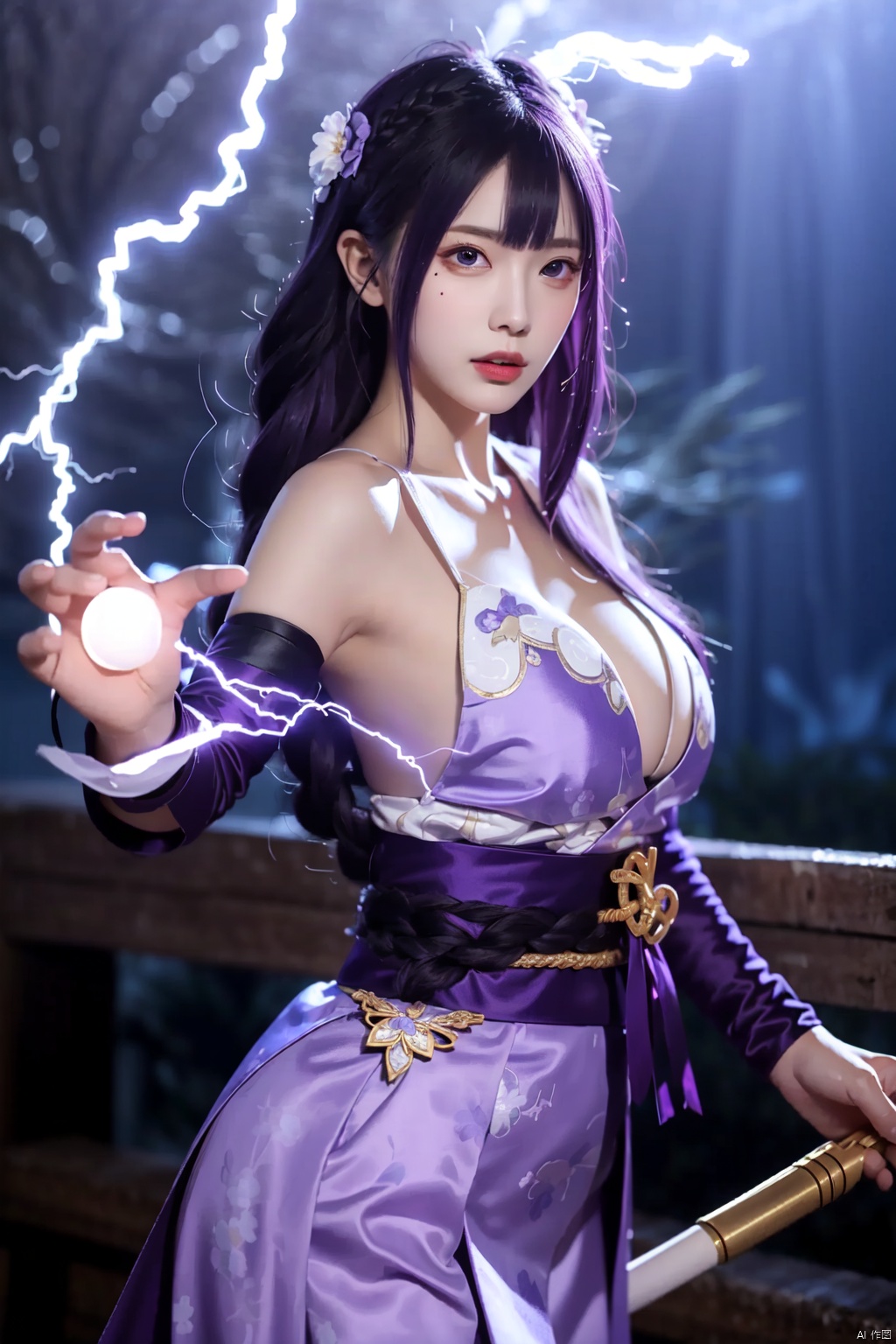  (electricity:1.3,glowing:1.2,lightning:1.3,purple theme:1.2),1girl, raiden shogun, breasts, purple eyes, cleavage, solo, long hair, japanese clothes, braid, kimono, purple hair, looking at viewer, bridal gauntlets, holding, large breasts, bangs, sash, obi, weapon, obiage, ribbon,, mole, blue theme