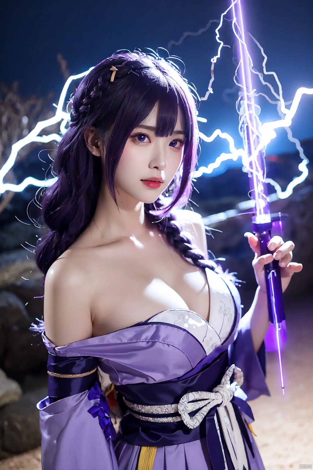  (electricity:1.3,glowing:1.2,lightning:1.3,purple theme:1.2),1girl, raiden shogun, breasts, purple eyes, cleavage, solo, long hair, japanese clothes, braid, kimono, purple hair, looking at viewer, bridal gauntlets, holding, large breasts, bangs, sash, obi, weapon, obiage, ribbon,, mole, blue theme