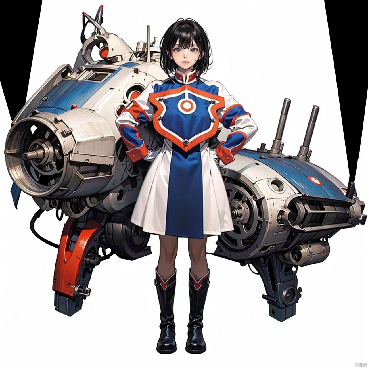 (masterpiece:1.3),(the best quality:1.2),(super fine illustrations:1.2),(Masterpiece),high quality,high detail,(white background:1.2),looking at viewer,(SOLO:1.4),outline,simple background,fullbody,,   boots,white gloves,dress,uniform,armor,military uniform,knee boots,solo,full body,
