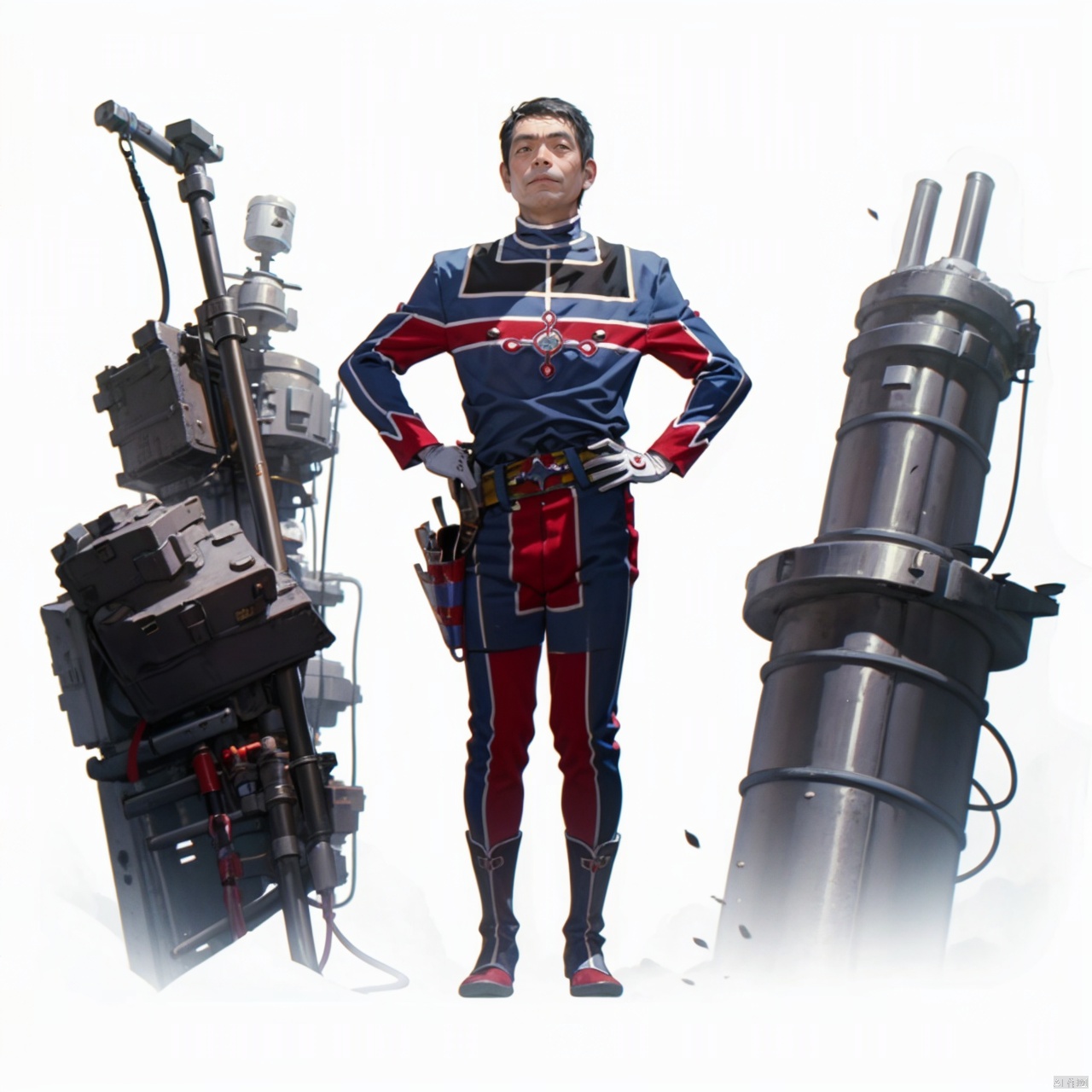 (masterpiece:1.3),(the best quality:1.2),(super fine illustrations:1.2),(Masterpiece),high quality,high detail,(white background:1.2),looking at viewer,(SOLO:1.4),outline,simple background,fullbody,,   logo,belt,collar,choker,military uniform,uniform,gloves,helmet,fingerless gloves,armor,jacket,red footwear,blue bodysuit,black pattern on body,red pattern on body,boots,emblem,pants,bodysuit,belt pouch,