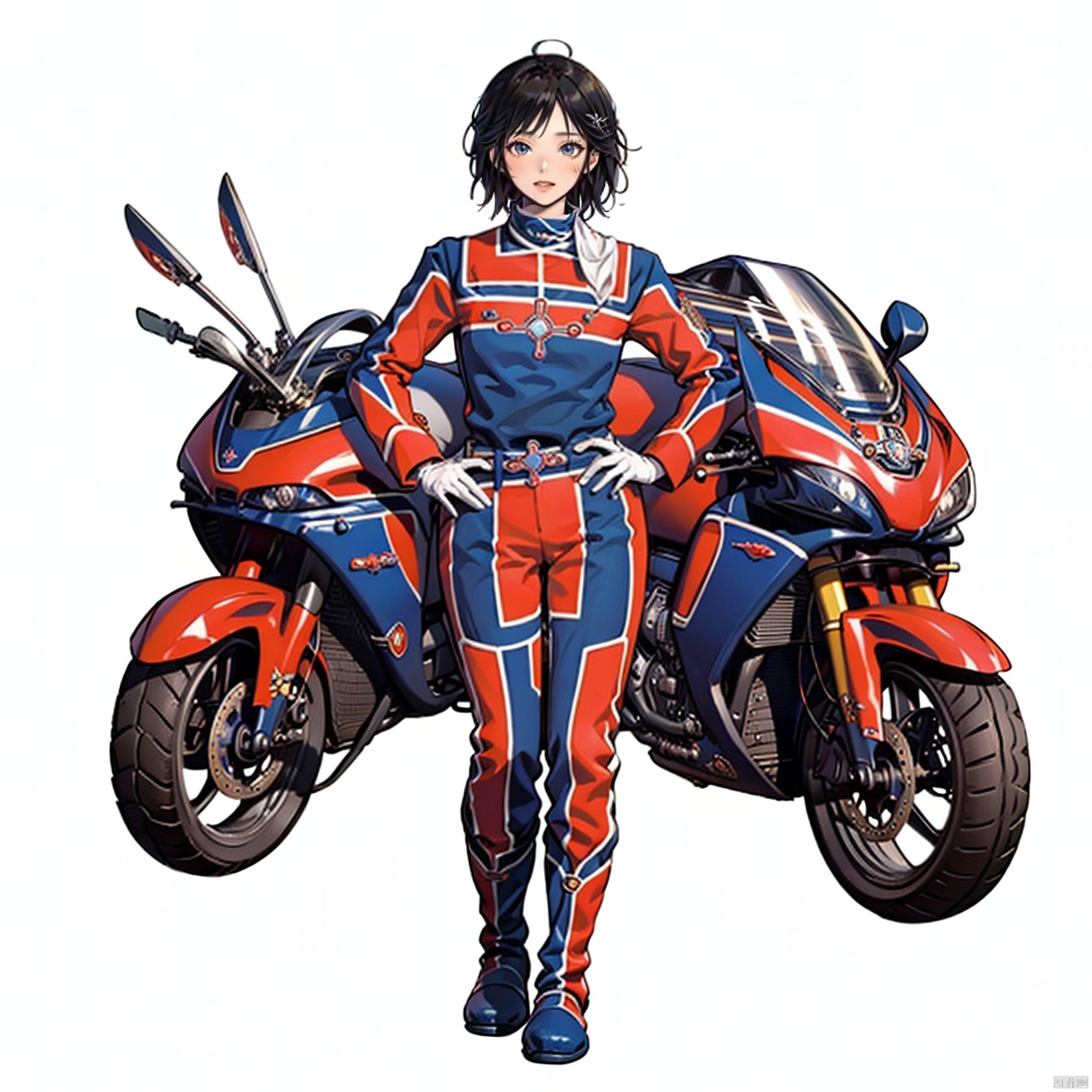 (masterpiece:1.3),(the best quality:1.2),(super fine illustrations:1.2),(Masterpiece),high quality,high detail,(white background:1.2),looking at viewer,(SOLO:1.4),outline,simple background,fullbody,,   logo,belt,collar,choker,military uniform,uniform,gloves,helmet,fingerless gloves,armor,jacket,red footwear,blue bodysuit,black pattern on body,red pattern on body,boots,emblem,pants,bodysuit,belt pouch,