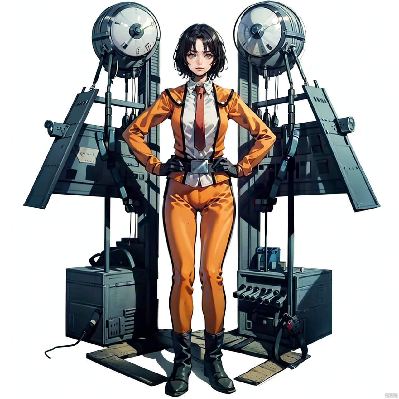 (masterpiece:1.3),(the best quality:1.2),(super fine illustrations:1.2),(Masterpiece),high quality,high detail,(white background:1.2),looking at viewer,(SOLO:1.4),outline,simple background,fullbody,,  belt,jacket,helmet,boots,uniform,military uniform,collar,choker,logo,gloves,shirt,necktie,orange jacket,white shirt,black gloves,suit,black footwear,orange pants,leggings,emblem,pants,armor,bodysuit,belt pouch,