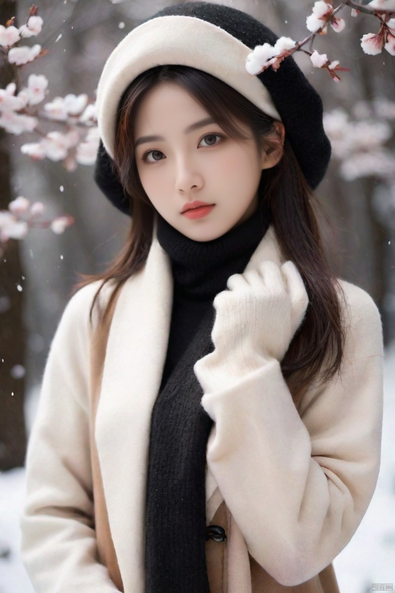  masterpiece, best quality, official art, model sheet, concept art, close-up,chinese girls, Large aperture, blurry background,(Perfect female body:1.2),(dark theme:1.3),(natural Skin texture, high clarity) ,eyes looking downA girl is standing in the snow, wearing a white coat, a black scarf, a brown sweater, and gloves,Plum Blossom Forest,wool hat,,, g001,,,,<lora:660447824183329044:1.0>