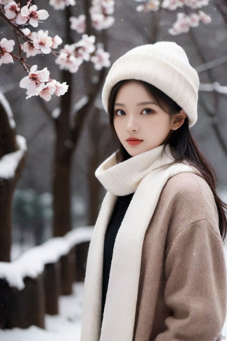  masterpiece, best quality, official art, model sheet, concept art, chinese girls, Large aperture, blurry background,(Perfect female body:1.2),(dark theme:1.3),(natural Skin texture, high clarity) ,eyes looking downA girl is standing in the snow, wearing a white coat, a black scarf, a brown sweater, and gloves,Plum Blossom Forest,wool hat,,, g001,,<lora:660447824183329044:1.0>