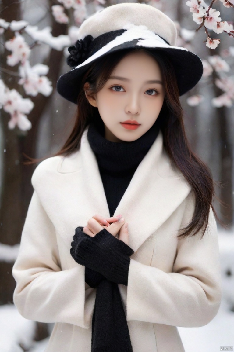  masterpiece, best quality, official art, model sheet, concept art, close-up,chinese girls, Large aperture, blurry background,(Perfect female body:1.2),(dark theme:1.3),(natural Skin texture, high clarity) ,eyes looking downA girl is standing in the snow, wearing a white coat, a black scarf, a brown sweater, and gloves,Plum Blossom Forest,wool hat,,, g001,,,<lora:660447824183329044:1.0>