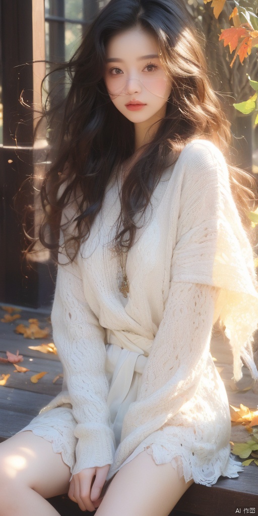  (best quality:1),16year,beautiful ,(wavy_hair) girl,makeup,(sitting at the courtyard,autumn,fallen leaves,high wind),solo ,open