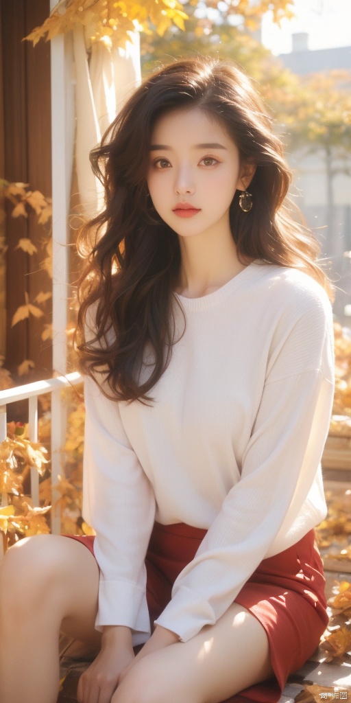  (best quality:1),16year,beautiful ,(wavy_hair) girl,makeup,(sitting at the courtyard,autumn,fallen leaves,high wind),solo ,open