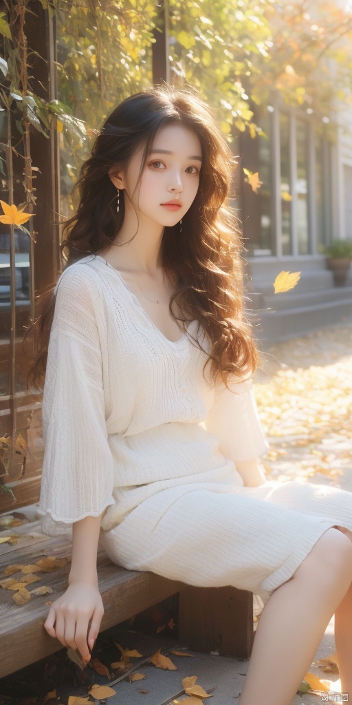  (best quality:1),16year,beautiful ,(wavy_hair) girl,makeup,(sitting at the courtyard,autumn,fallen leaves,high wind),solo ,open