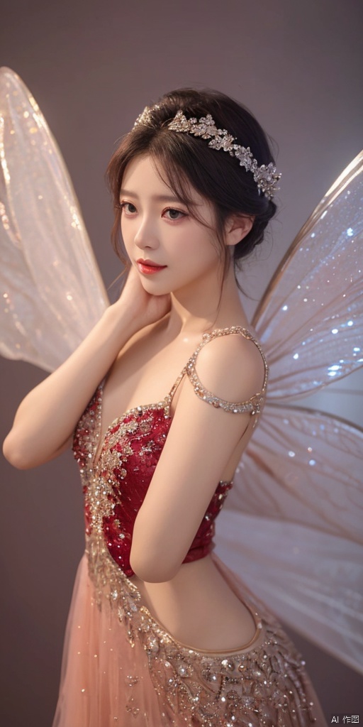  1girl, dance, Fairy, crystal, jewels,red, wings