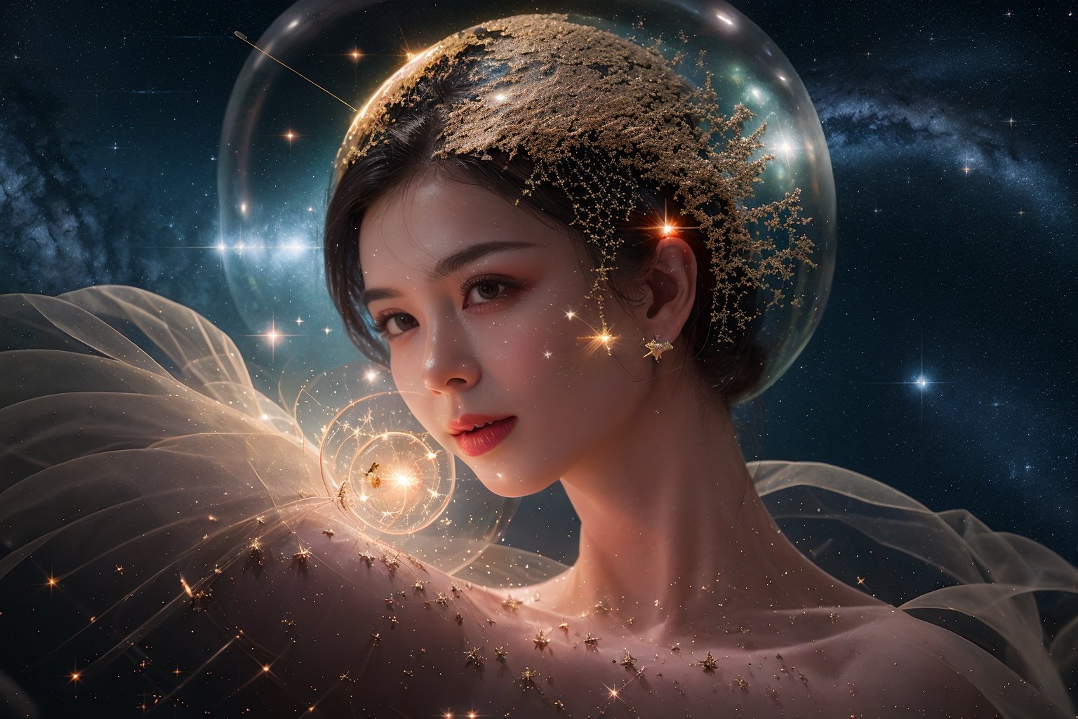 In an endless starry sky,there are countless twinkling stars,the number of which is incredible,Metallic light,double exposure photography,new objectivity,8K,hyper quality,sky,<lora:space-000009:0.8>,