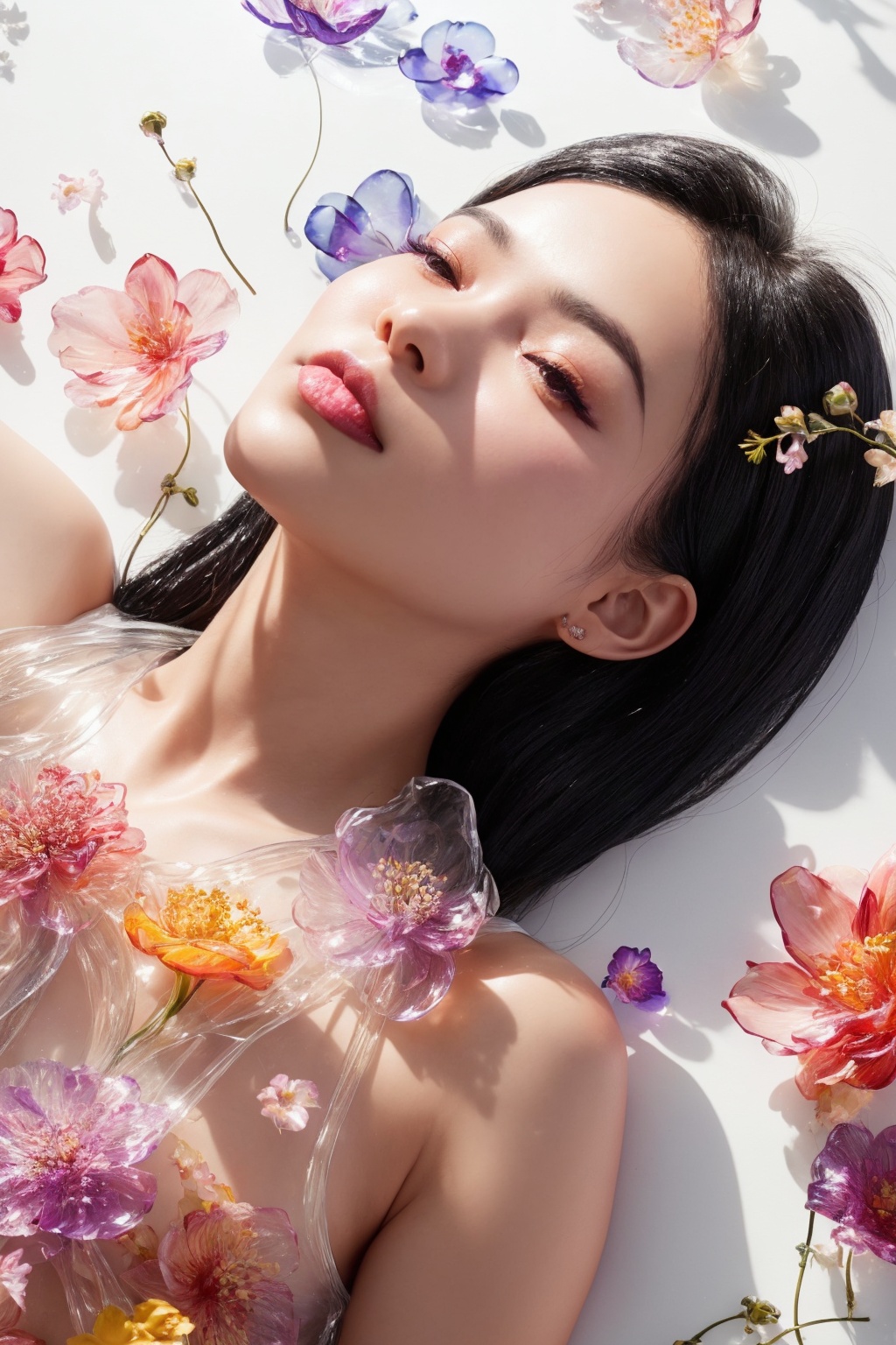 a side portrait of an attractive korean woman laying on a bed of flowers made of glass,  wearing a elegant floral dress ma...